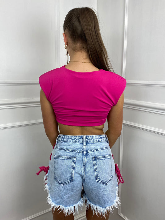 Lace Up String Denim Shorts - Blue/Cerise Pink