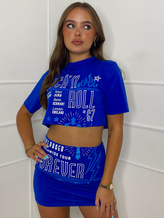 Rock 'N' Roll Print T-Shirt Co-Ord - Royal Blue