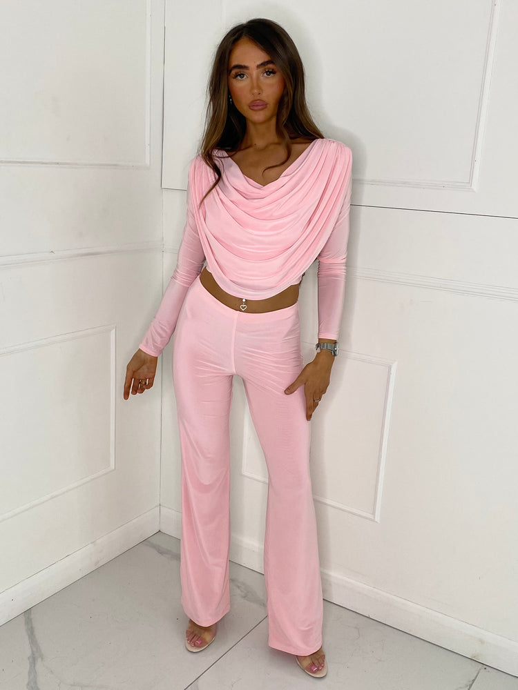 Drape Top And Flare Set - Pink
