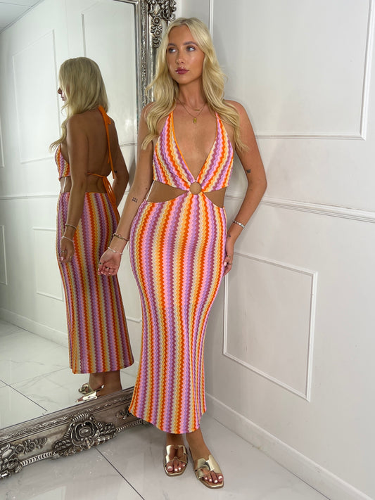 Halterneck Backless Cut Out Crochet Maxi Dress - Pastel Multi ZigZag