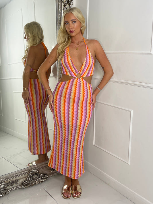 Halterneck Backless Cut Out Crochet Maxi Dress - Pastel Multi ZigZag