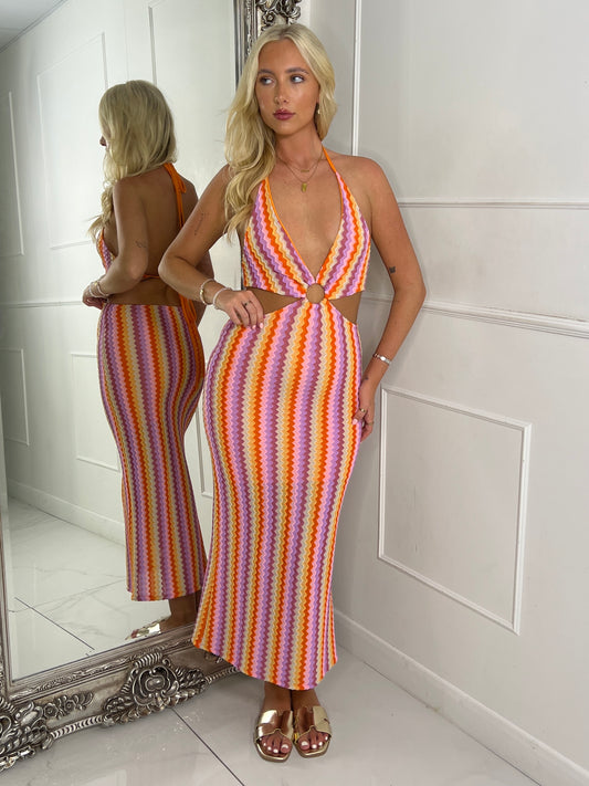 Halterneck Backless Cut Out Crochet Maxi Dress - Pastel Multi ZigZag