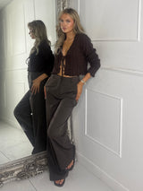 Long Sleeve Tie Front Textured Cardigan - Brown
