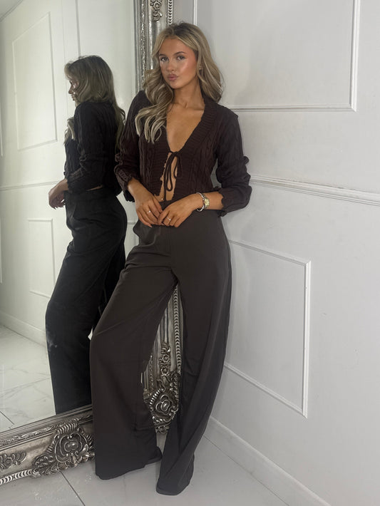 Long Sleeve Tie Front Textured Cardigan - Brown