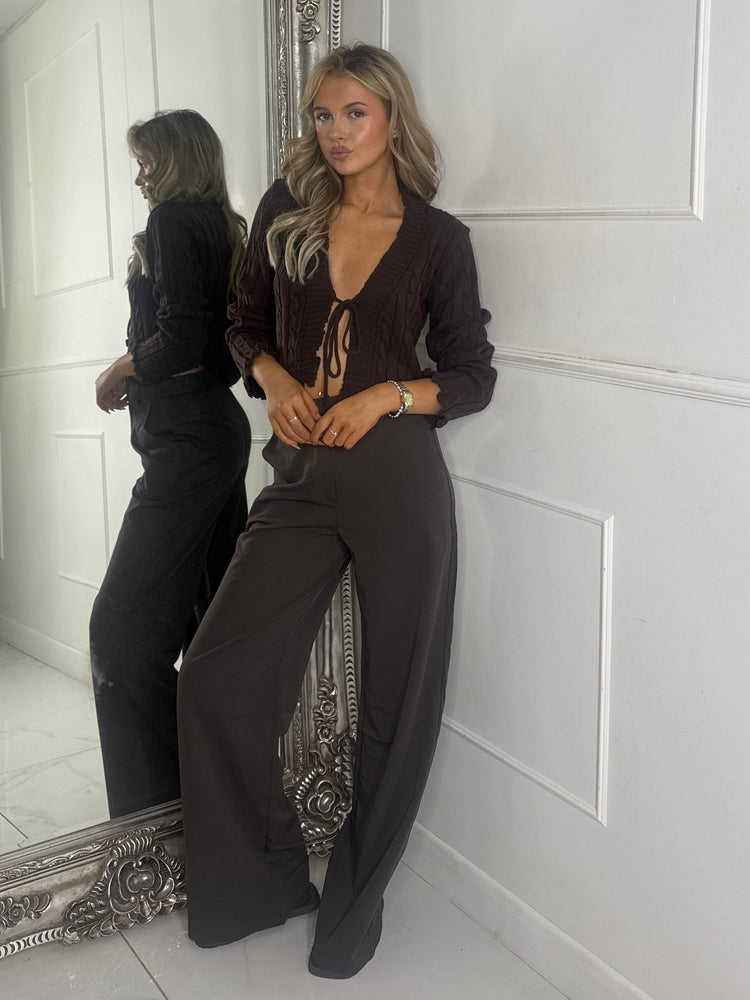 Long Sleeve Tie Front Textured Cardigan - Brown