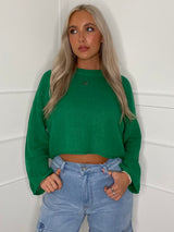 Round Neck Oversized Cropped Jumper - Green