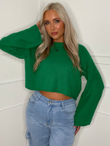 Round Neck Oversized Cropped Jumper - Green
