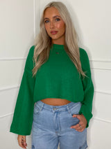 Round Neck Oversized Cropped Jumper - Green