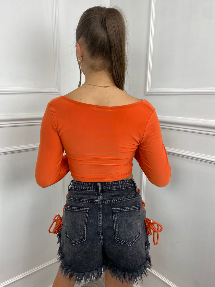 Lace Up String Denim Shorts - Black/Orange