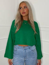 Round Neck Oversized Cropped Jumper - Green