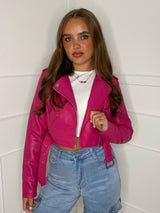 Cropped Pu Leather Jacket - Hot pink