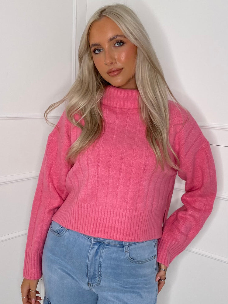 Roll Neck Ribbed Knitted Jumper - Pink
