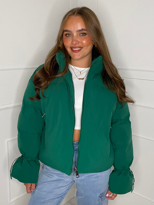 Short Tie Cuff Detail Puffer Jacket- Green