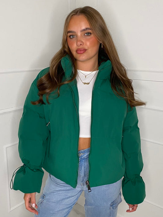 Short Tie Cuff Detail Puffer Jacket- Green