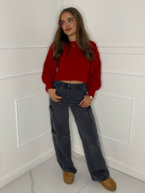 Plain Cropped Knitted Jumper -  Red