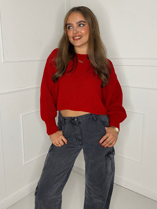 Plain Cropped Knitted Jumper -  Red