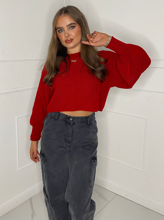 Plain Cropped Knitted Jumper -  Red
