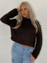 Cropped Roll Neck Jumper with Cuffed Sleeves - Brown
