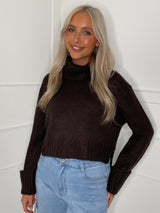 Cropped Roll Neck Jumper with Cuffed Sleeves - Brown