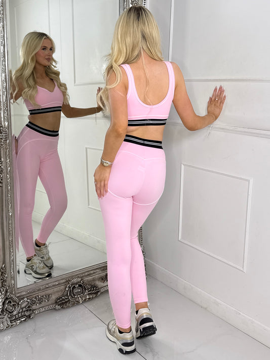 Contour Lined Detail Leggings & Sports Bra Gym Set - Baby Pink