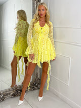 Long Sleeve Frill Detail Lace Playsuit - Yellow