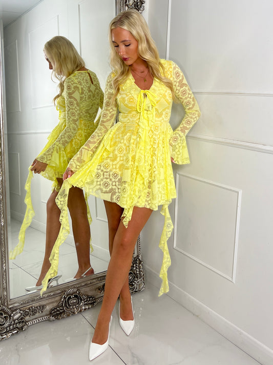 Long Sleeve Frill Detail Lace Playsuit - Yellow