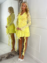 Long Sleeve Frill Detail Lace Playsuit - Yellow