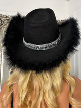 Feather Diamante Cowboy Hat - Black