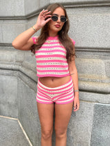 Knitted Sleeveless Top & Fold Over Shorts Set - Pink