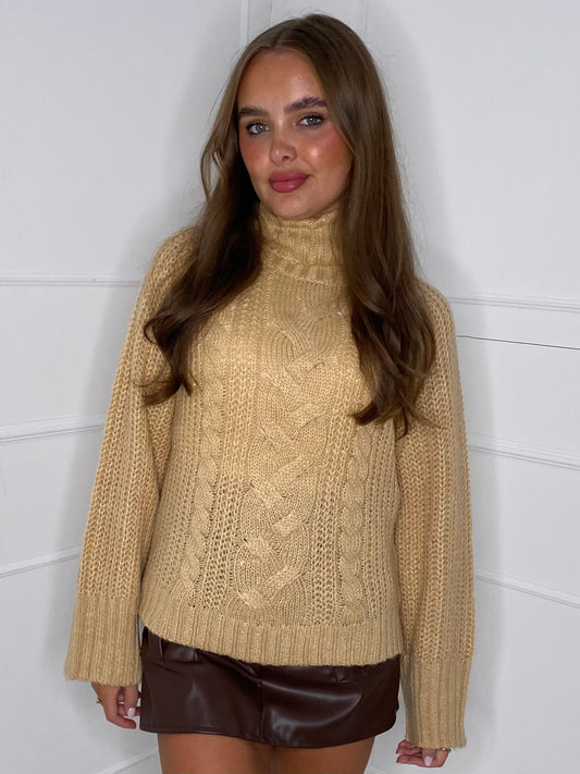 Cable Knit Style Roll Neck Jumper - Beige