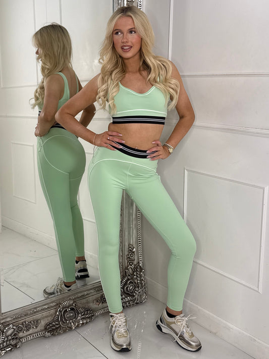 Contour Lined Detail Leggings & Sports Bra Gym Set - Mint Green