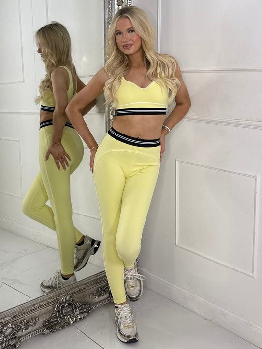 Contour Lined Detail Leggings & Sports Bra Gym Set - Yellow