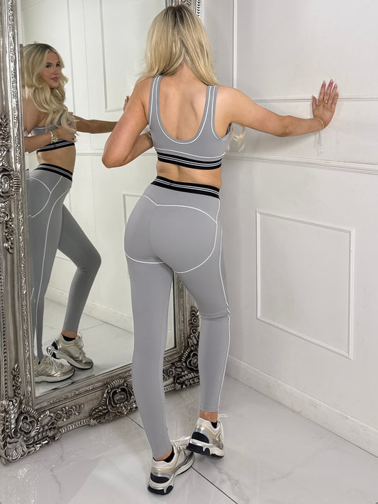 Contour Lined Detail Leggings & Sports Bra Gym Set - Grey