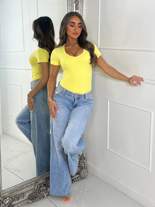 V Neck Seamless Short Sleeve Bodysuit - Yellow