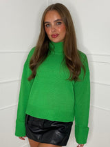Cuffed Sleeve High Neck Knitted Jumper - Green