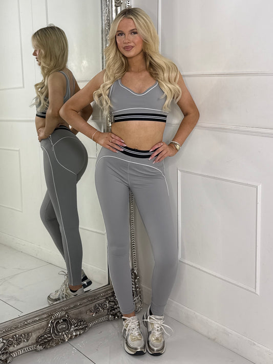 Contour Lined Detail Leggings & Sports Bra Gym Set - Grey