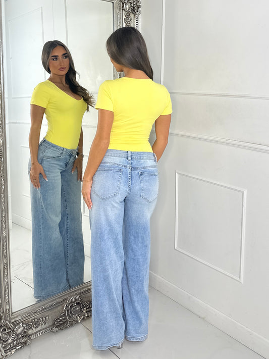 V Neck Seamless Short Sleeve Bodysuit - Yellow