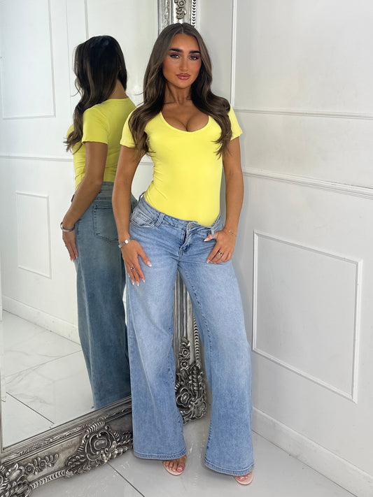 V Neck Seamless Short Sleeve Bodysuit - Yellow