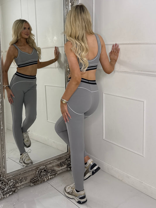 Contour Lined Detail Leggings & Sports Bra Gym Set - Grey