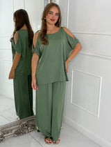 Cut Out Shoulder Batwing Style Top & Flares - Khaki Green