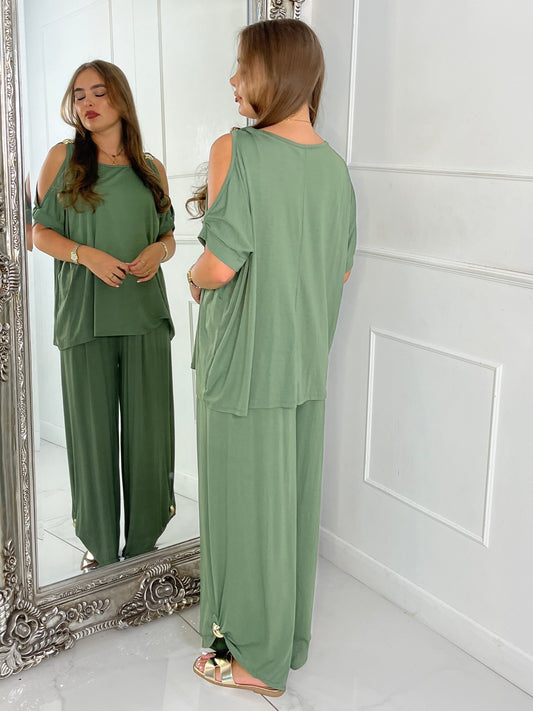 Cut Out Shoulder Batwing Style Top & Flares - Khaki Green
