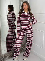 Striped Collared Long Sleeve Top & Wide Leg Pants Co-Ord - Wine/Pink