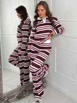 Striped Collared Long Sleeve Top & Wide Leg Pants Co-Ord - Wine/Pink