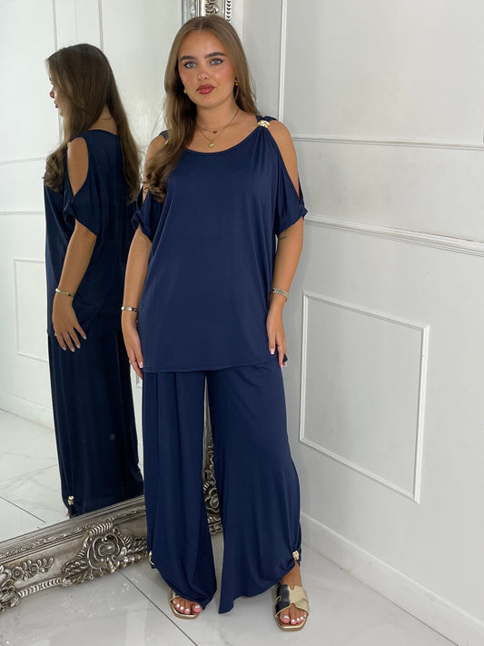 Cut Out Shoulder Batwing Style Top & Flares - Navy Blue