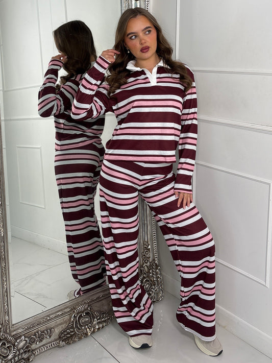 Striped Collared Long Sleeve Top & Wide Leg Pants Co-Ord - Wine/Pink