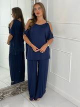 Cut Out Shoulder Batwing Style Top & Flares - Navy Blue
