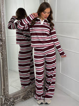 Striped Collared Long Sleeve Top & Wide Leg Pants Co-Ord - Wine/Pink