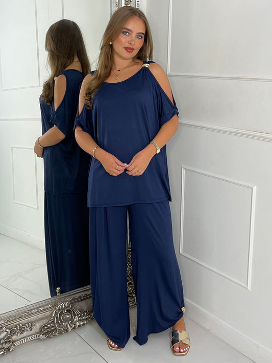 Cut Out Shoulder Batwing Style Top & Flares - Navy Blue