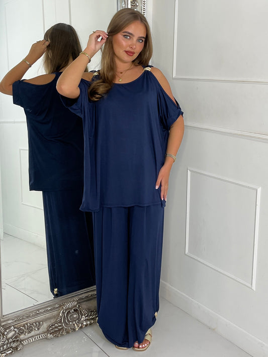 Cut Out Shoulder Batwing Style Top & Flares - Navy Blue