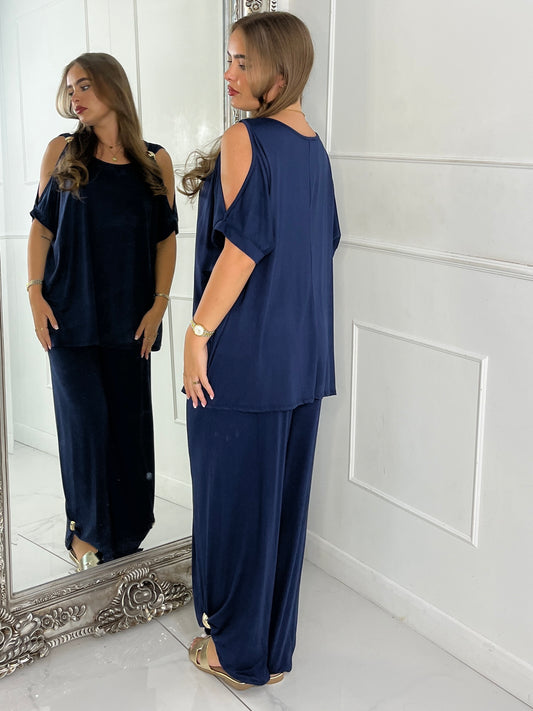 Cut Out Shoulder Batwing Style Top & Flares - Navy Blue